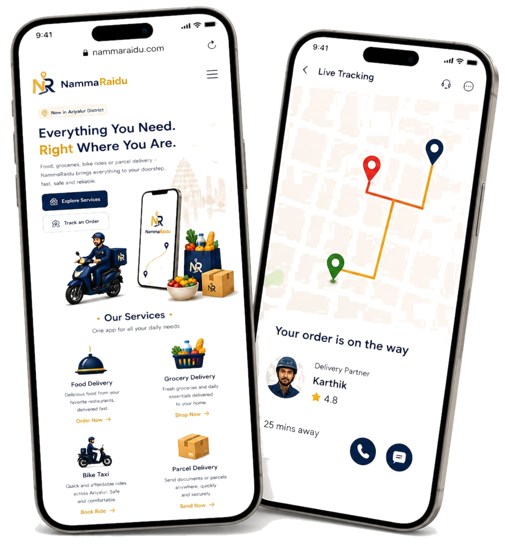 NammaRaidu app home screen and live order tracking screen shown on two phones